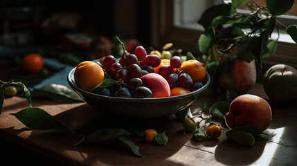 Summer Harvest - An Assortment of Fruits Staged Across an Aged Table and Linen, Oranges, Strawberries, Grapes, Cherries, Blueberries - Food Photography Aesthetic - Generative AI