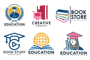 education and learn logo set,university and school book,graduate hat and student .Teaching symbols
