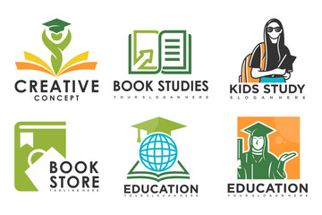 education and learn logo set,school book,word,graduate hat and student.Teaching symbols