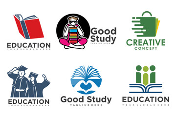 education and learn logo set,school book,word,graduate hat,book store and student.Teaching symbols
