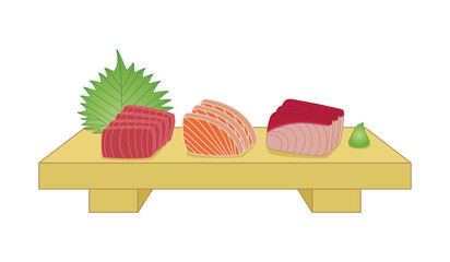 Fototapeta premium Japanese sashimi 3 kinds of fishes serve in Japanese wooden sushi plate with wasabi and decoration with green leaf drawing in cartoon vector