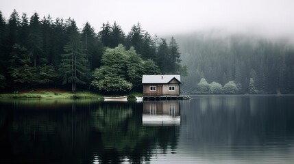Obraz premium fir tree forest with wooden cabin next to lake in early morning time, peaceful landscape, Generative Ai