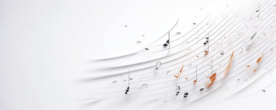 a white background with musical notes and orange and black notes on it