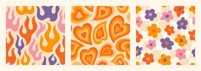 Groovy Seamless Patterns Set with Flame, Daisy Flowers and Hearts . Psychedelic Abstract Vector Backgrounds - 584538521