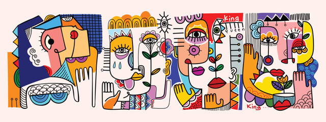 Fototapeta na wymiar Set of colorful abstract face, decorative, line art, doodles hand drawn vector illustration.