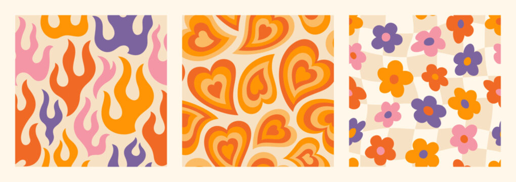 Groovy Seamless Patterns Set with Flame, Daisy Flowers and Hearts . Psychedelic Abstract Vector Backgrounds