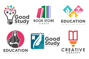 Fototapeta na wymiar education and learn logo set.school book,graduate hat,lamp,book store and student.Teaching symbols