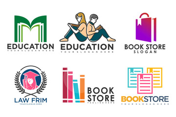 education and learn logo set.school book,graduate hat,bag,book store and student.Teaching symbols