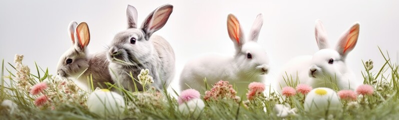 Obraz premium Bunnies with Easter Eggs and Flowers Banner Background