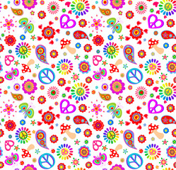 Childish seamless colorful wallpaper with red poppies, flower-power in rainbow color, hippie peace signs, paisley, butterfly and mushroom fly agaric on white background