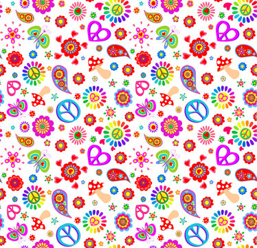 Childish seamless colorful wallpaper with red poppies, flower-power in rainbow color, hippie peace signs, paisley, butterfly and mushroom fly agaric on white background