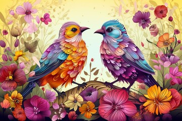 two colorful birds sitting next to each other on a field of flowers and flowers with yellow flowers in the background. Generative AI
