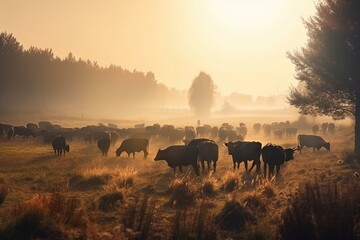 Fototapeta na wymiar herd of cows in a large meadow at dawn. free grazing in nature. Generative AI
