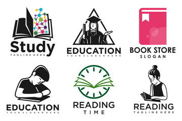 education and learn logo set.school book,graduate hat,time,book store and student.Teaching symbols