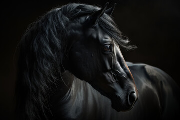 Fototapeta na wymiar Portrait of black stallion Horse with long mane. Generative AI.