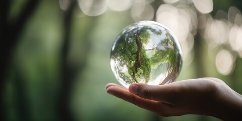 Hand Holding Crystal Ball with Forest Inside it. 