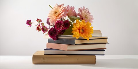 Books with Flowers on White Background, World Book Day Concept Background.