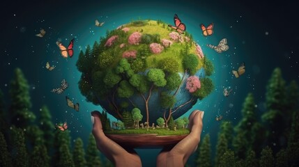 Hand Holding The Earth with Butterflies Around It. Earth Day Concept. Generative ai.