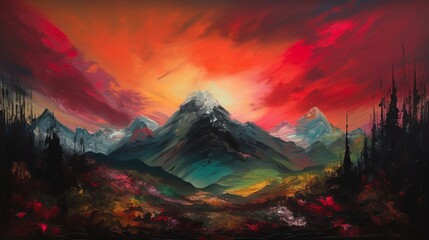 Fototapeta na wymiar sunset over landscape oil painting with giant snow covered mountain in the background - Generative AI