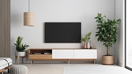 TV on cabinet in modern living room on a white wall background simple and minimalist mock up. generative AI - obrazy, fototapety, plakaty