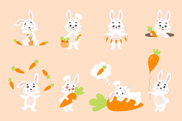 Cute white bunny with carrot set. Little rabbit character. Cartoon vector illustration