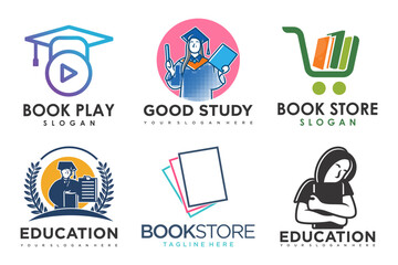 education and learn logo set.school book,graduate hat,book store and student.Teaching symbols