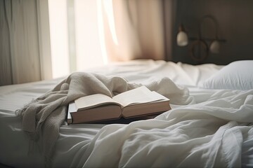 Book on bed with white linen, a book on a messy bed. Slow living. Warm and cozy atmosphere. Home aesthetic