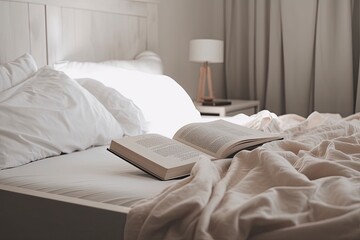 Fototapeta na wymiar Book on bed with white linen, a book on a messy bed. Slow living. Warm and cozy atmosphere. Home aesthetic. Generative AI