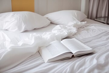 Fototapeta na wymiar Book on bed with white linen, a book on a messy bed. Slow living. Warm and cozy atmosphere. Home aesthetic. Generative AI