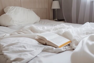Book on bed with white linen, a book on a messy bed. Slow living. Warm and cozy atmosphere. Home aesthetic. Generative AI