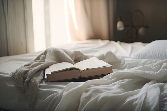 Book On Bed With White Linen, A Book On A Messy Bed. Slow Living. Warm And Cozy Atmosphere. Home Aesthetic