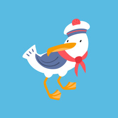 Cute seagull in form of sailor. Isolated funny character on white background. Vector illustration for design.