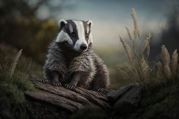 Cute Badger is relaxing on a solid rock mountain. enjoys nature, bright sky, Safe Atmosphere, HD landscape, Wild Badger, Meles meles, animals in the wood, wild animals, 4K, wildlife background, AI.