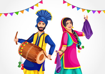 Happy Baisakhi festival in Punjab, India. Punjabi Sikh harvest festival. A Giddha dancer and a Bhangra Dancer with a dhol representing folk dance.