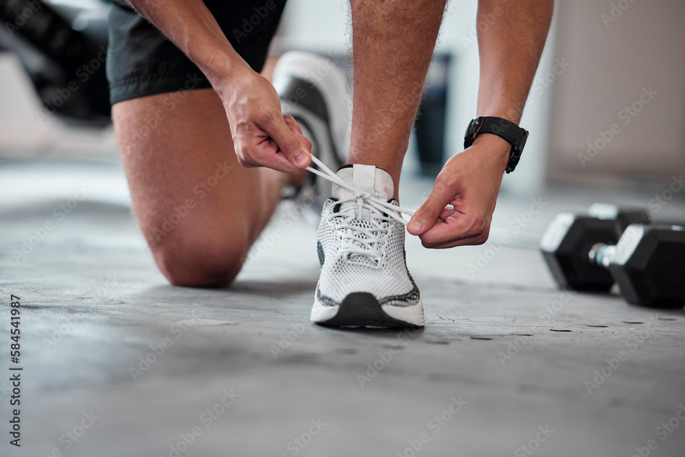 Poster Fitness, hands and tie shoes in gym to start workout, training or exercise. Sports, athlete and man tying footwear or sneakers to get ready or prepare for running, cardio or exercising for health.