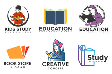 education and learn logo set.school book,graduate hat,book store and student.Teaching symbols