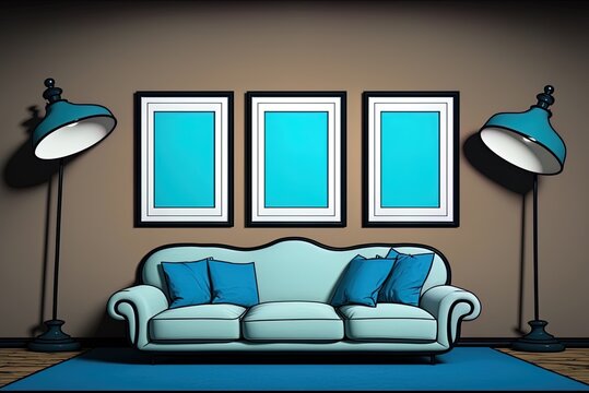 Vacant Room With Three Pictures Blue Carpet With A Black Floor Lamp And A Beige Throw Cushion Generative AI