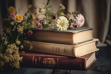 Old Books with Flowers World Book Day Concept Background. 