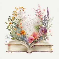 Watercolor Book Illustration with flowers isolated on white background. generative ai.