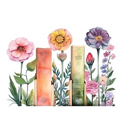 Watercolor Book Illustration with flowers isolated on white background. generative ai.