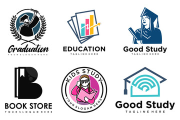 education and learn logo set.school book,graduate hat,book store and student.Teaching symbols