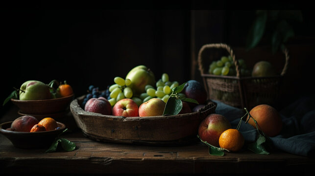 Fruit Still Life Food Image of Oranges, Grapes and Apples in a Bowl with Dramatic Lighting and Vintage Aesthetic on an Aged Farmhouse Table- Generative AI