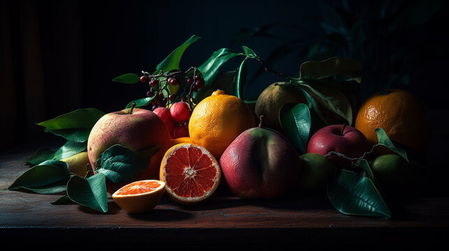 Fruit Still Life Food Image of Oranges, Grapes and Lemons with Dramatic Lighting and Vintage Aesthetic on an Aged Farmhouse Table- Generative AI
