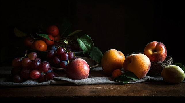 Fruit Still Life Food Image with Dramatic Lighting and Vintage Aesthetic on an Aged Farmhouse Table- Generative AI