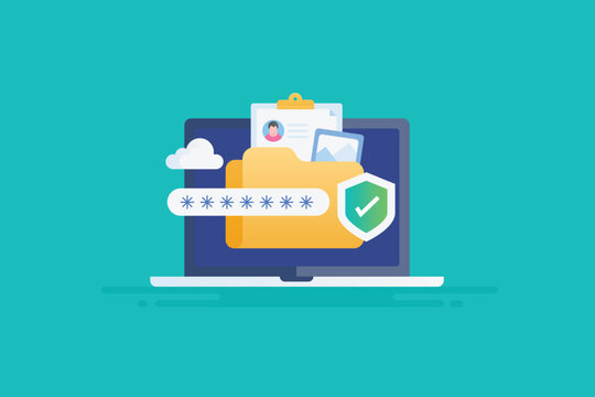 Personal business document information online folder secure cloud storage technology with access panel on laptop screen, vector illustration web banner template.