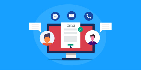 Customer sending general query, technical requirement and other information to company people with contact from webpage, business service concept. Vector illustration banner template.