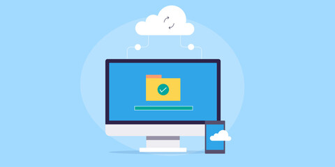 Cloud computing technology, uploading file documents online cloud storage server space, mobile and computer cloud sync concept, Vector illustration banner. - obrazy, fototapety, plakaty