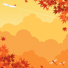 Fototapeta na wymiar 秋の紅葉と飛行機、赤とんぼの飛ぶ風景　背景素材（正方形）