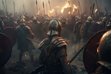 Julius Caesar and his Roman generals and warriors in battle