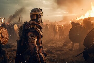 Julius Caesar and his Roman generals and warriors in battle. Generative AI.